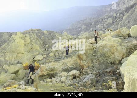 I minatori di zolfo si arrampicano sulle pareti della caldera del cratere Ijen con un carico medio di 90 kg. Foto Stock