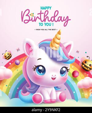 Buon compleanno, design vettoriale dei personaggi unicorno. Testo di auguri di compleanno con un simpatico unicorno e decorazioni colorate arcobaleno per l'invito dei bambini Illustrazione Vettoriale