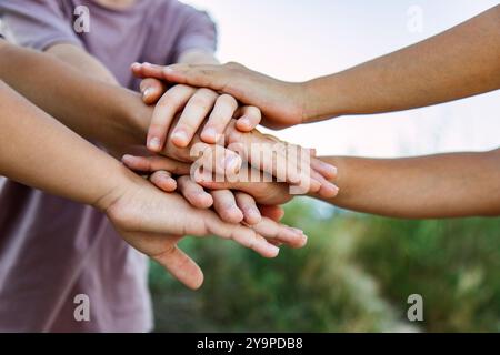 Gli amici mettono insieme il lavoro di squadra, l'unità e la collaborazione Foto Stock