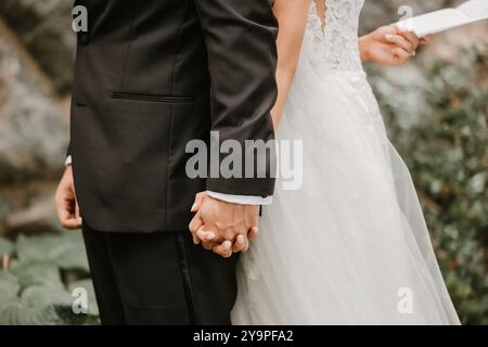 Sposa e sposo che si tengono per mano, scambiandosi le promesse Foto Stock