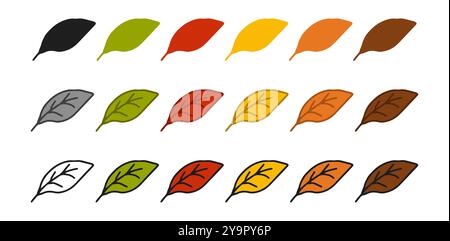 Set di icone a foglia con illustrazioni colorate, silhouette nera, contorno nero. Isolato su sfondo bianco. Concetto di natura, autunno, ecologia, Illustrazione Vettoriale