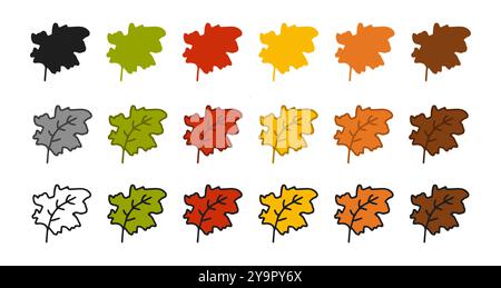 Set di icone a foglia con illustrazioni colorate, silhouette nera, versione con contorno nero. Isolato su sfondo bianco. Concetto di natura, autunno, e. Illustrazione Vettoriale