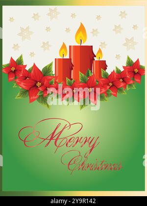 Buon natale è scritto su sfondo verde. Tre candele rosse e uno sfondo verde Illustrazione Vettoriale