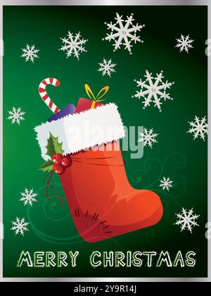 Buon natale con una calza rossa e una canna da zucchero. La calza è piena di regali e la canna da zucchero è sopra di esso. I fiocchi di neve entrano Illustrazione Vettoriale