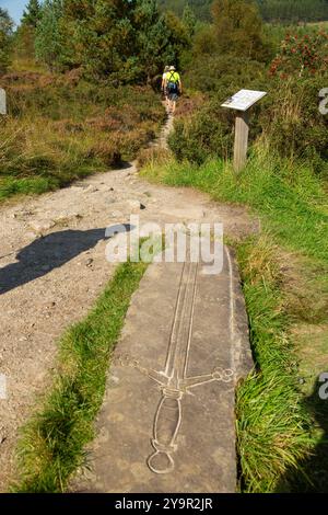 Spada scolpita su un cartello laterale sulla West Highland Way, nel sito del Lochan of the Lost Sword, Tyndrum, Perthshire, Scozia Foto Stock