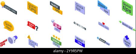 Set di icone dei suggerimenti rapidi. Questo set include una raccolta diversificata di banner con suggerimenti rapidi, ciascuno con un'icona isometrica e un design unici Illustrazione Vettoriale