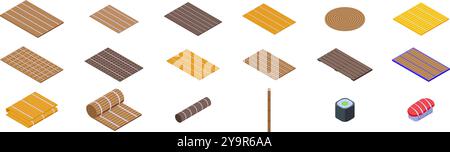 Set icone tappetino in bambù. Diversi tipi di stuoie di bambù utilizzate nella cucina giapponese, per sushi rotolanti e servire cibo Illustrazione Vettoriale