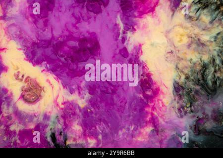 Primo piano di un dipinto astratto con sfumature viola e giallo Foto Stock