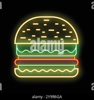 Un luminoso cartello al neon che raffigura un delizioso hamburger, che si illumina su uno sfondo nero Illustrazione Vettoriale