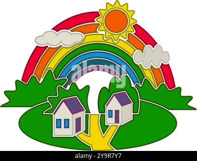 Illustrazione bucolica con effetto 3D che mostra il paesaggio rurale e alcune cabine rurali sotto il sole e l'arcobaleno Illustrazione Vettoriale