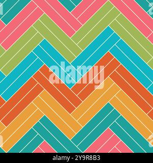 Colorato chevron con linee bianche motivo senza cuciture in verde, rosso, arancione, blu e rosa. Per arredamento, carta da parati e tessuti Illustrazione Vettoriale