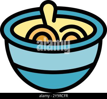 Semplice illustrazione vettoriale di una ciotola blu piena di tagliatelle di ramen preparate per cena Illustrazione Vettoriale