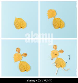 Artigianato naturalistico autunnale per bambini, topo in foglia, vista dall'alto, attività per bambini, istruzioni passo passo, tutorial, fai da te, apprendimento all'aperto Kindergar Foto Stock