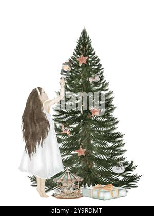 Acquerello dell'albero di Natale. Albero sempreverde d'epoca disegnato a mano con una ragazza, uno schiaccianoci, una scatola regalo e giocattoli vintage isolati su sfondo bianco. Fermo Foto Stock