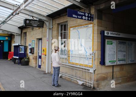 Giovane donna che guarda gli orari dei treni a Whitby, Inghilterra Foto Stock