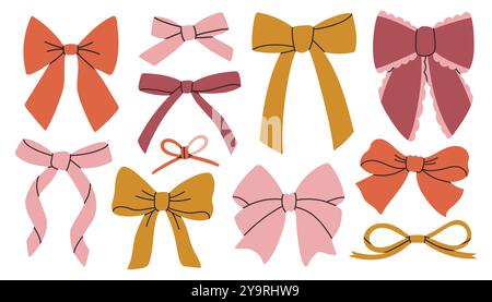 Bel set di fiocchi. Fiocchi vari alla moda, nastri regalo. Bowknots in stile piatto disegnato a mano. Accessorio per capelli. Per la confezione regalo Illustrazione Vettoriale