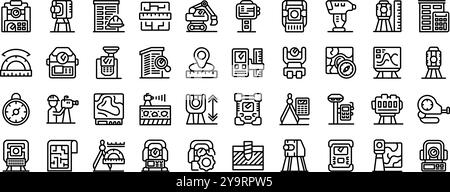 Set di icone delle apparecchiature geodetiche. Le icone delle attrezzature dei topografi e della geodesia definiscono lo stile del contorno Illustrazione Vettoriale