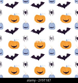 Halloween senza cuciture con zucche, pipistrelli, ragno Illustrazione Vettoriale