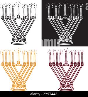 Hanukkiah tradizionale con candele accese, semplice icona di silhouette Illustrazione Vettoriale