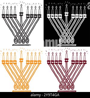 Hanukkiah tradizionale con candele accese, silhouette semplice Illustrazione Vettoriale