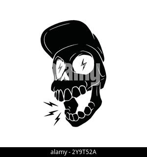 Illustrazione della testa del cranio che indossa un cappellino da baseball. Divertente skater Skull logo emblema vettoriale. Illustrazione Vettoriale