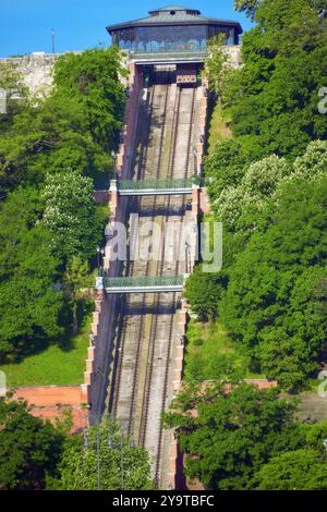Funicolare per sollevare la montagna su cui sorge il palazzo reale del re ungherese. Foto Stock