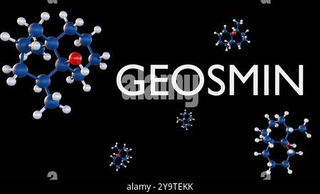 Rendering 3d della parola "GEOSMIN" scritta in grassetto, lettere 3D e struttura chimica delle molecole di geosmina sparse in giro Foto Stock