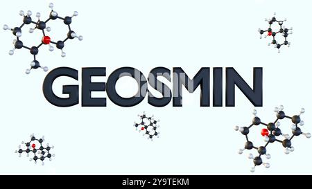 Rendering 3d della parola "GEOSMIN" scritta in grassetto, lettere 3D e struttura chimica delle molecole di geosmina sparse in giro Foto Stock