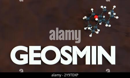 Rendering 3d della parola "GEOSMIN" scritta in grassetto, lettere 3D e struttura chimica delle molecole di geosmina sparse in giro Foto Stock