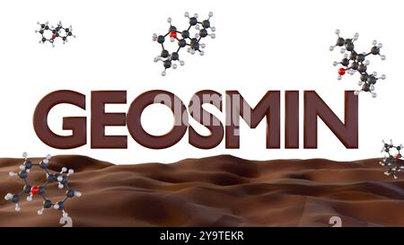 Rendering 3d della parola "GEOSMIN" scritta in grassetto, lettere 3D e struttura chimica delle molecole di geosmina sparse in giro Foto Stock