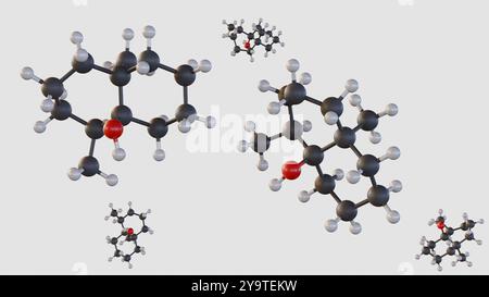 Rendering 3d della parola "GEOSMIN" scritta in grassetto, lettere 3D e struttura chimica delle molecole di geosmina sparse in giro Foto Stock