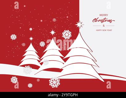 Biglietto di auguri o striscione buon Natale e felice anno nuovo. Stile minimalista. Abeti di Capodanno, neve, fiocchi di neve, stella di Gesù su una ba bianca e rossa Illustrazione Vettoriale