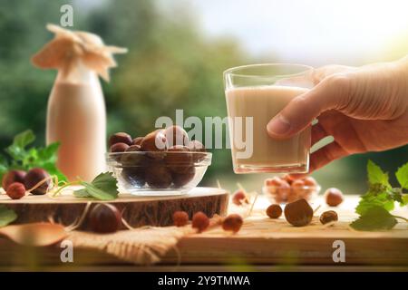 Dettaglio della mano che mostra la bevanda alle nocciole in un bicchiere e un rustico tavolo in legno con nocciole, foglie e bottiglia di vetro con coltivazione di nocciole in un soleggiato sole Foto Stock