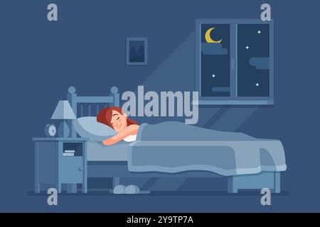 Una donna dorme tranquillamente nella sua accogliente camera da letto di notte con una finestra illuminata dalla luna e una lampada sul comodino che si illumina dolcemente Illustrazione Vettoriale