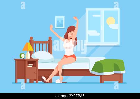 Una giovane donna si allunga felicemente mentre si sveglia in una camera da letto colorata con la luce del sole che scorre attraverso la finestra Illustrazione Vettoriale