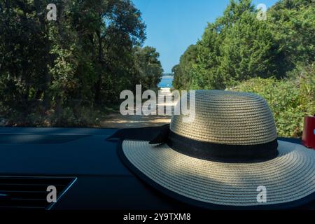 Cappello di paglia sul cruscotto con una vista panoramica della strada costiera attraverso la foresta in una giornata di sole. Foto Stock