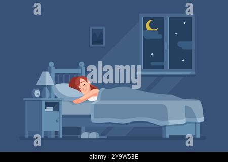 Una donna dorme tranquillamente nella sua accogliente camera da letto di notte con una finestra illuminata dalla luna e una lampada sul comodino che si illumina dolcemente Illustrazione Vettoriale