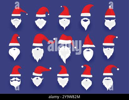 collezione di cappellino e barba di babbo natale dal design diverso Illustrazione Vettoriale