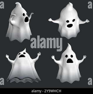 piccolo fantasma bianco dei cartoni animati con bocca nera e occhi che urlano su sfondo grigio scuro Foto Stock