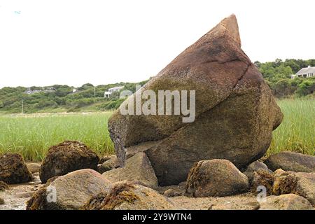 Roccia unica esposta sulle distese di marea a bassa marea Foto Stock