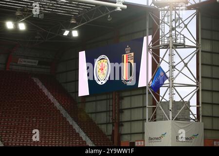 Tynecastle, Edimburgo, Regno Unito. 11 ottobre 2024. UEFA U21 Euro Qualifier Football, Scozia U21s contro Belgio U21s; Tynecastle Park con tabellone segnapunti che mostra i distintivi di Scozia e Belgio credito: Action Plus Sports/Alamy Live News Foto Stock