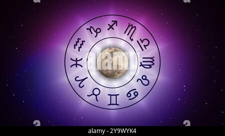 Segni zodiacali astrologici all'interno del cerchio dell'oroscopo sullo sfondo dell'universo Foto Stock