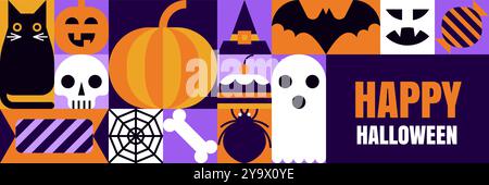 Buon Halloween poster orizzontale, striscione, biglietto d'auguri, stampa. Sfondo geometrico dei simboli delle festività con zucca, cranio, gatto, pipistrello. Vettore Illustrazione Vettoriale