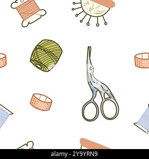 Motivo senza cuciture con cucitura, utensili per la lavorazione dell'ago. Forniture per sartoria, forbici, spille e bobine, tamburo e cuscinetto ad ago. Vettore colorato disegnato a mano Illustrazione Vettoriale