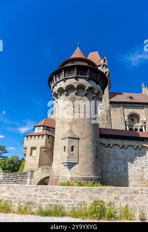 Castello Kreuzenstein in Austria vicino a Vienna. Bellissimo antico castello medievale in Europa. Fortezza con mura e torri in mattoni Foto Stock