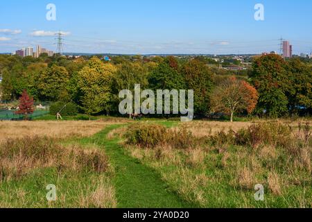 Vista sulla Lea Valley da Springfield Park, Upper Clapton, Londra Regno Unito, in autunno Foto Stock
