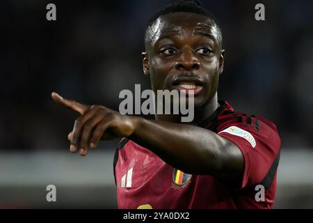 Jeremy Doku del Belgio gesti durante la partita di calcio della UEFA Nations League tra Italia e Belgio allo stadio Olimpico di Roma (Italia), 10 ottobre 2024. Foto Stock