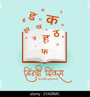 lettere hindi volanti da libro aperto per vettore di eventi hindi diwas Illustrazione Vettoriale