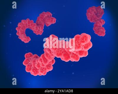 Illustrazione delle molecole di microRNA (acido ribonucleico). I microRNA (miRNA) sono brevi molecole di RNA a filamento singolo che agiscono per inibire l'espressione di geni specifici regolando l'espressione dell'RNA messaggero (mRNA). Foto Stock