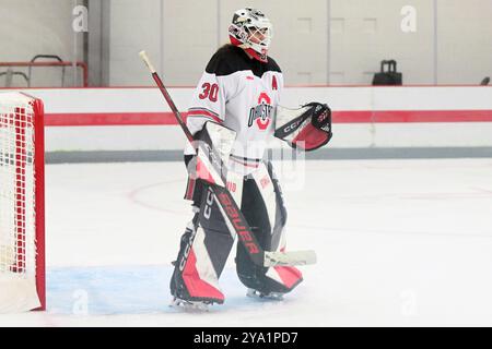 Columbus, Ohio, Stati Uniti. 11 ottobre 2024. Il portiere dell'Ohio State Amanda Thiele (30) contro i Minnesota nella loro partita a Columbus, Ohio. Brent Clark/Cal Sport Media/Alamy Live News Foto Stock